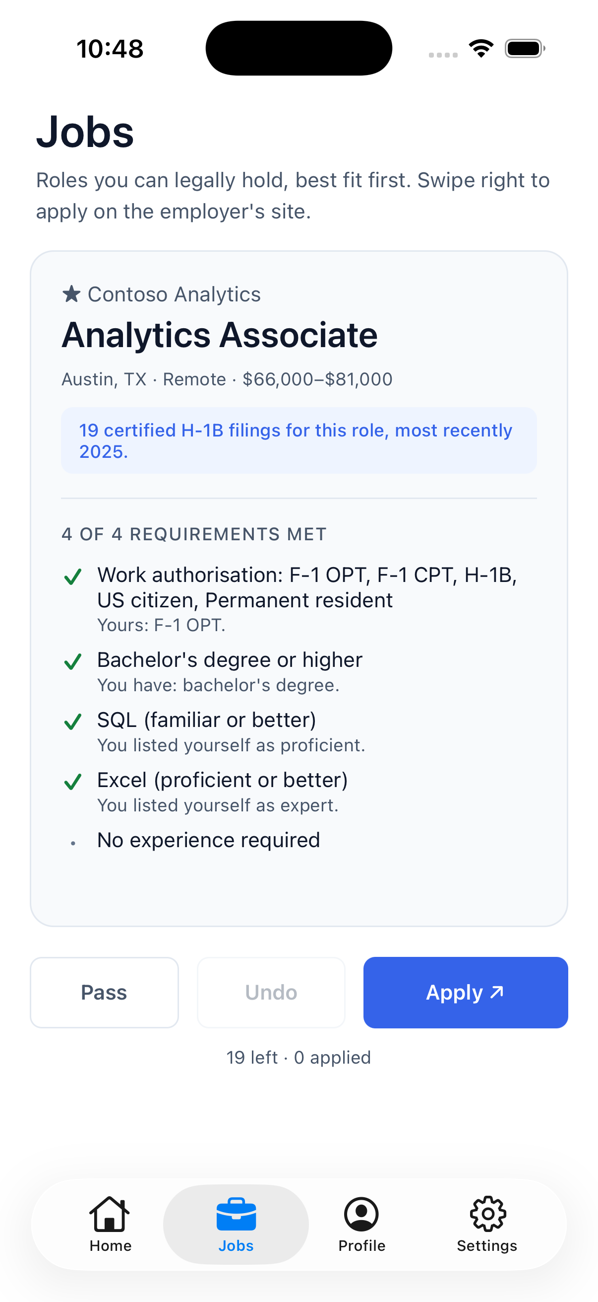 Jobs screen, listings ranked by fit