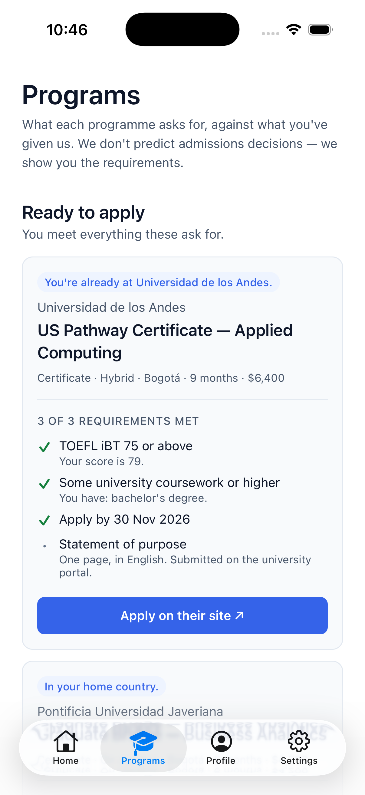 Programs screen, showing which requirements are met